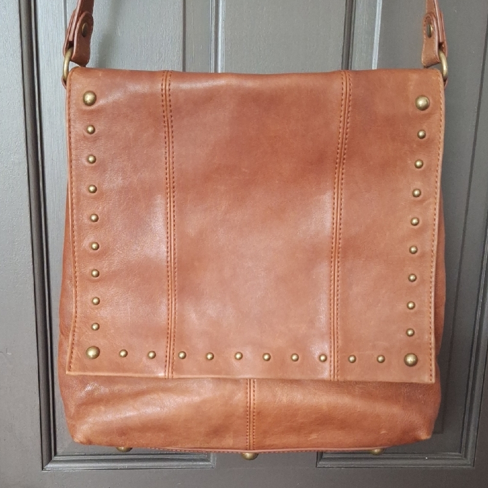 Ellington Brown Leather Crossbody Bag with Metal Studs